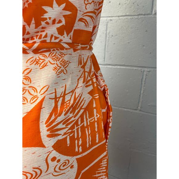 Vintage 1960s Deadstock Orange Tropical Print Dress XS Small Batik Print Floral - Picture 6 of 10